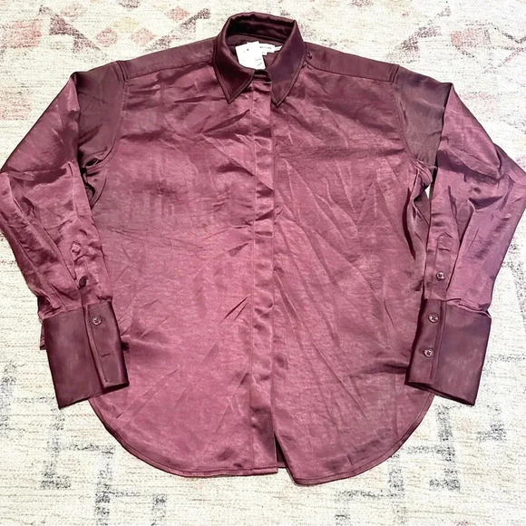 NWT Good American Washed Satin Weekend Shirt Malbec003 Size XXS/XS - Picture 12 of 16